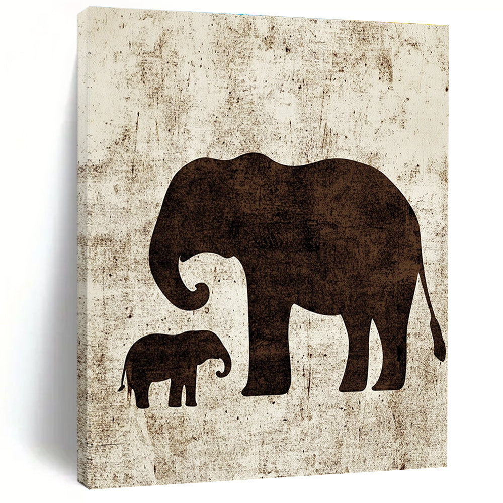 A large abstract artwork featuring minimalist silhouettes of an elephant and a baby elephant in textured brown ink on white paper.STSC1095