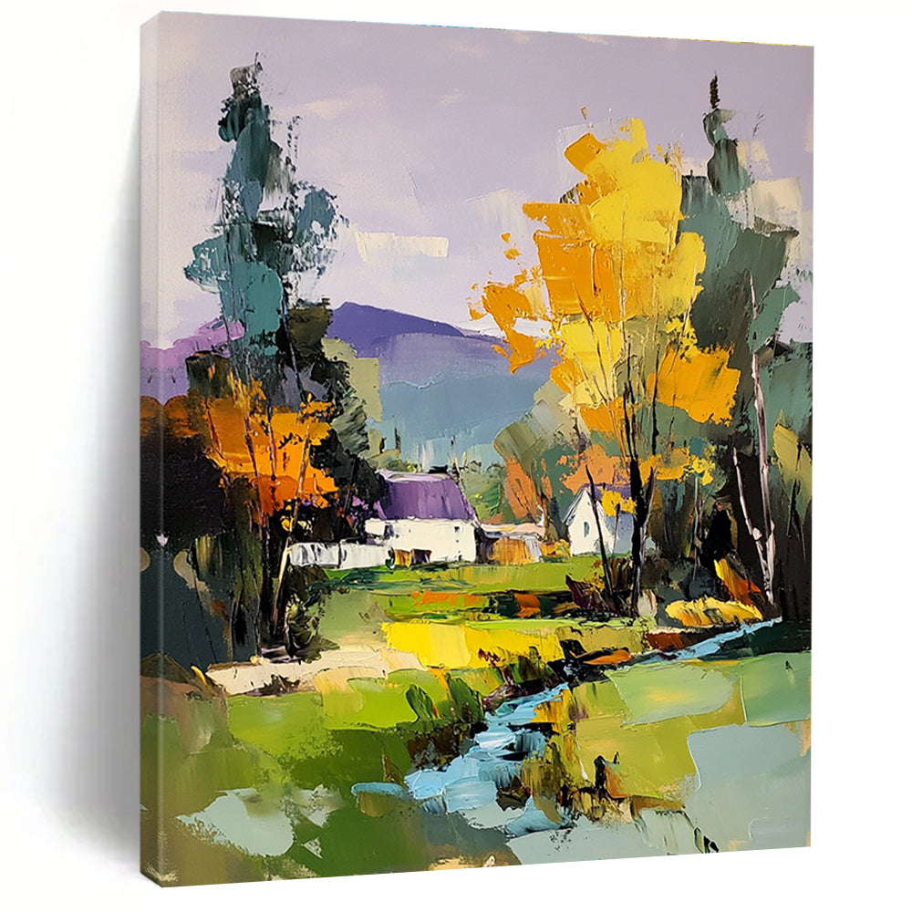 Large abstract painting featuring a river and trees with a house in the distance complemented by colorful brush strokes and a vibrant purple sky.STSC1308