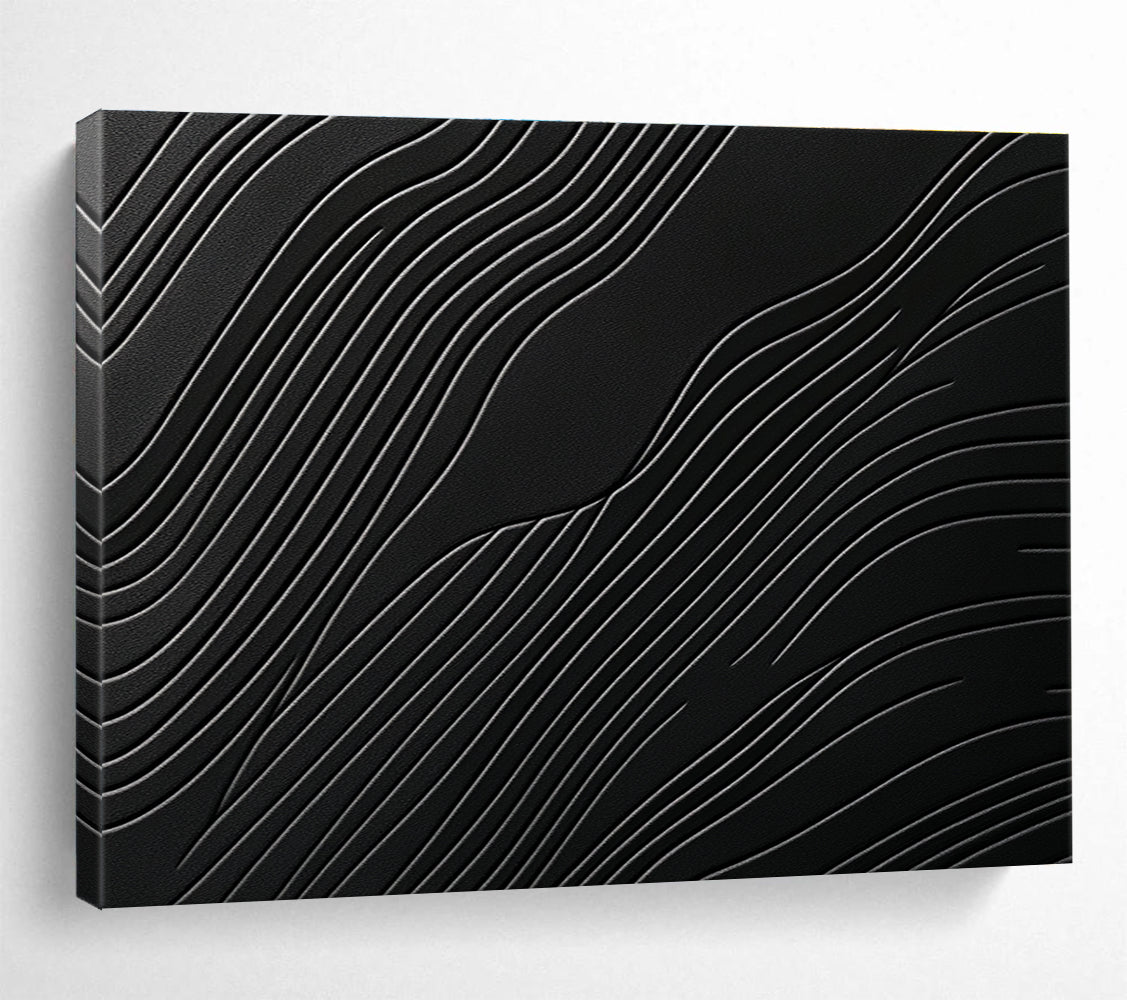 A large abstract artwork featuring elegant wave patterns on a matte black surface, showcasing layered textures and high contrast between light and dark tones.SC575
