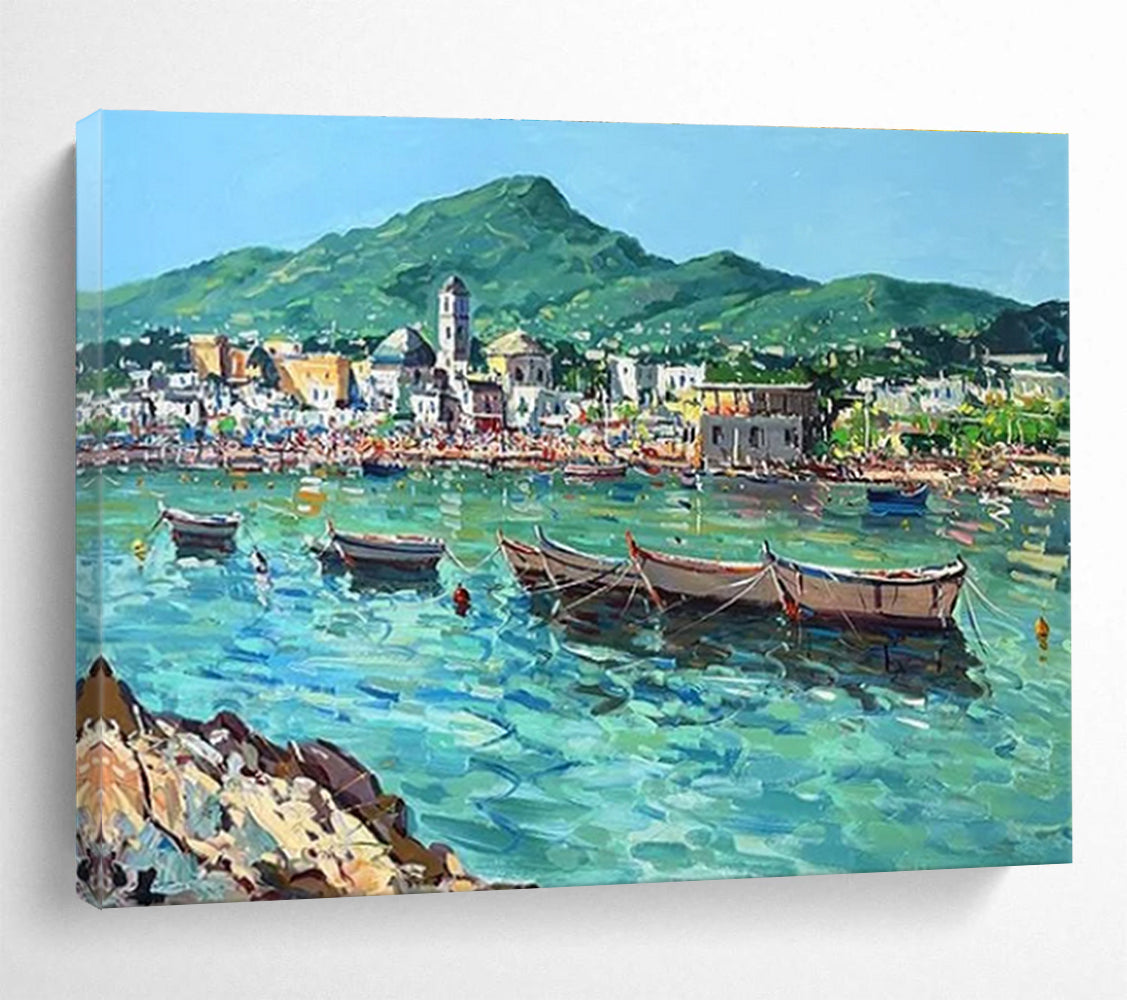 Blue Green Coastal Village Abstract Painting THY467