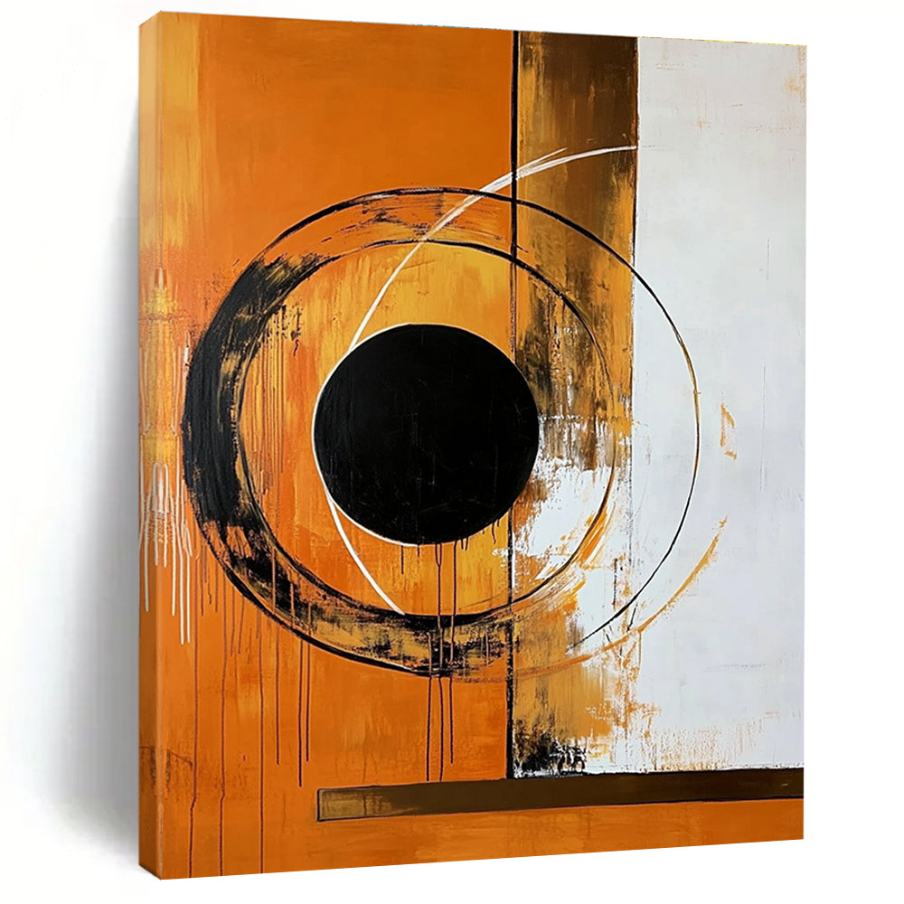 Large abstract painting featuring bold circular shapes and a black circle on an orange background with a brown border.STSC1354