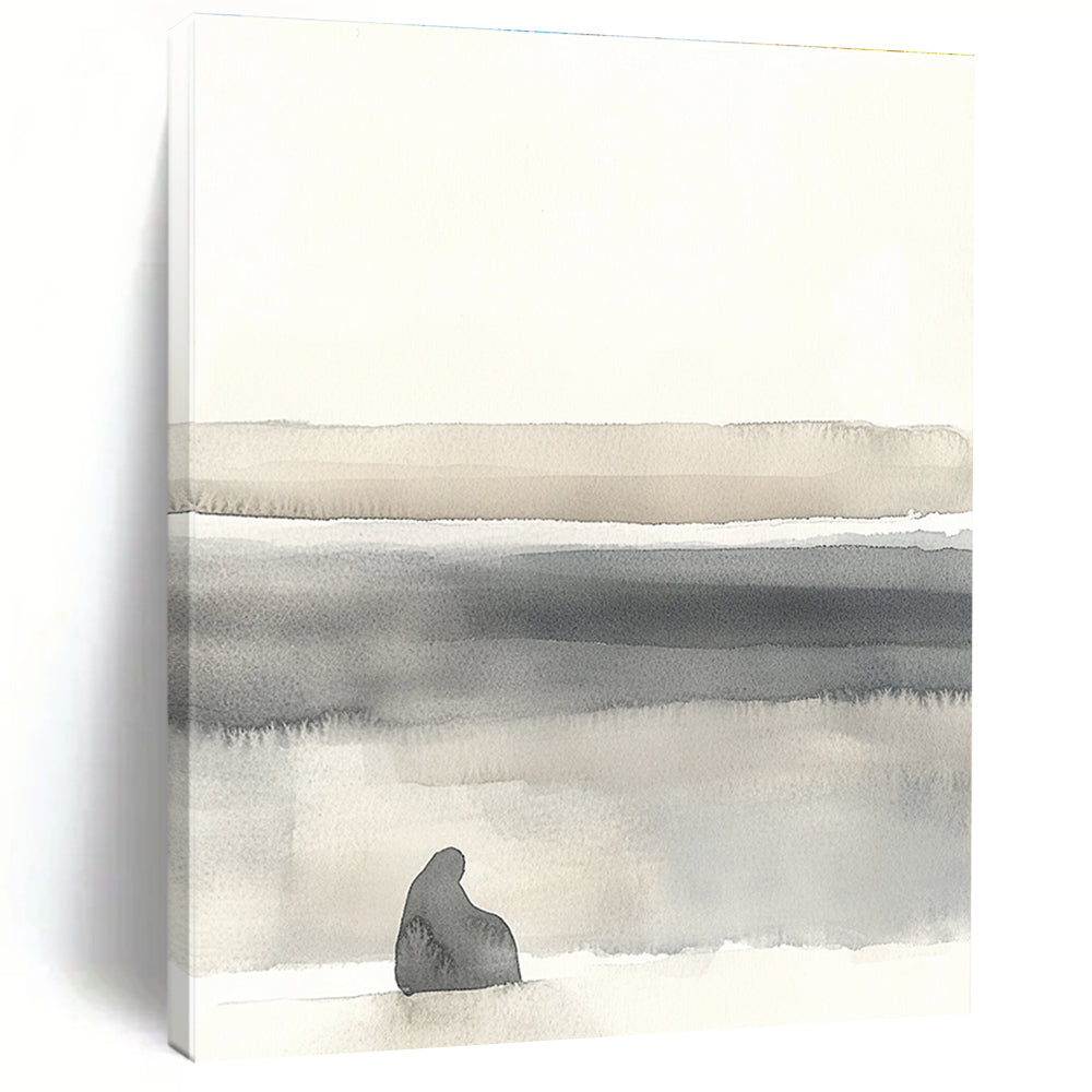 Large abstract painting in soft whites and grays featuring minimalistic landscape with organic shapes and muted tones for a serene atmosphere.STSC1465