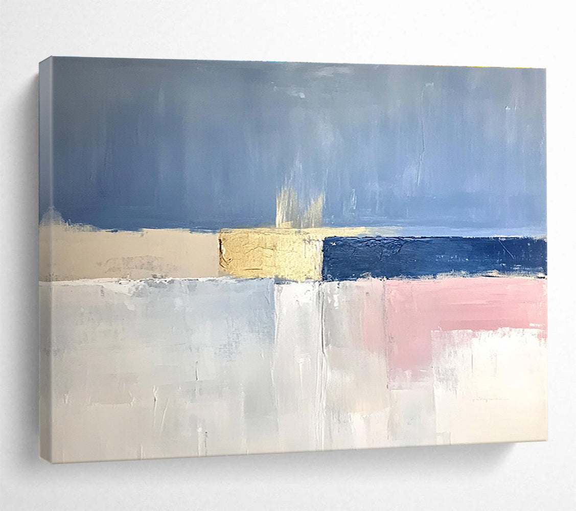 Large abstract painting featuring soft blue skies, pale pink horizons, gold highlights, and a tranquil sea in muted tones.SC025