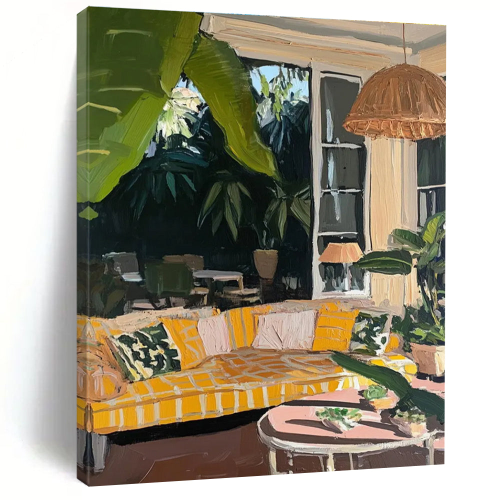 Indoor Outdoor Living Scene Painting with Warm Yellow Tones ADGE435