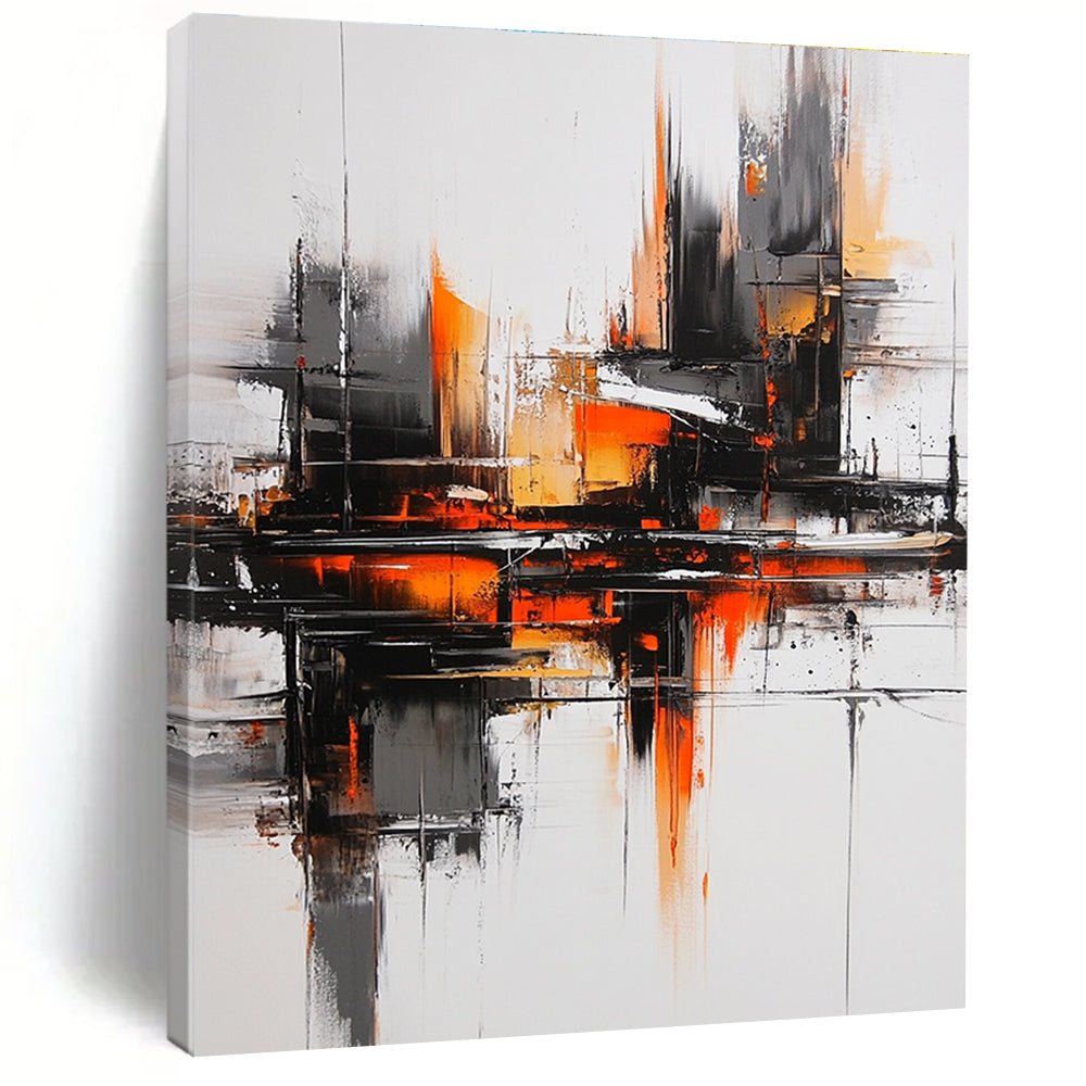 Large abstract oil painting featuring a gray and orange color scheme with a black cityscape bold brush strokes and heavy shadows for a mysterious atmosphere.STSC1353