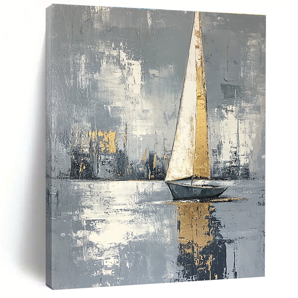 Abstract painting featuring a serene sailing boat with gray background and white gold accents created using soft light and impressionist brush strokes.STSC1420