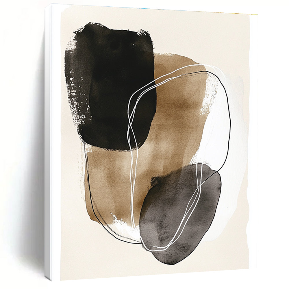 Large abstract art featuring minimal line art with dark gray and beige shapes outlined in white on a beige paper background.STSC1459