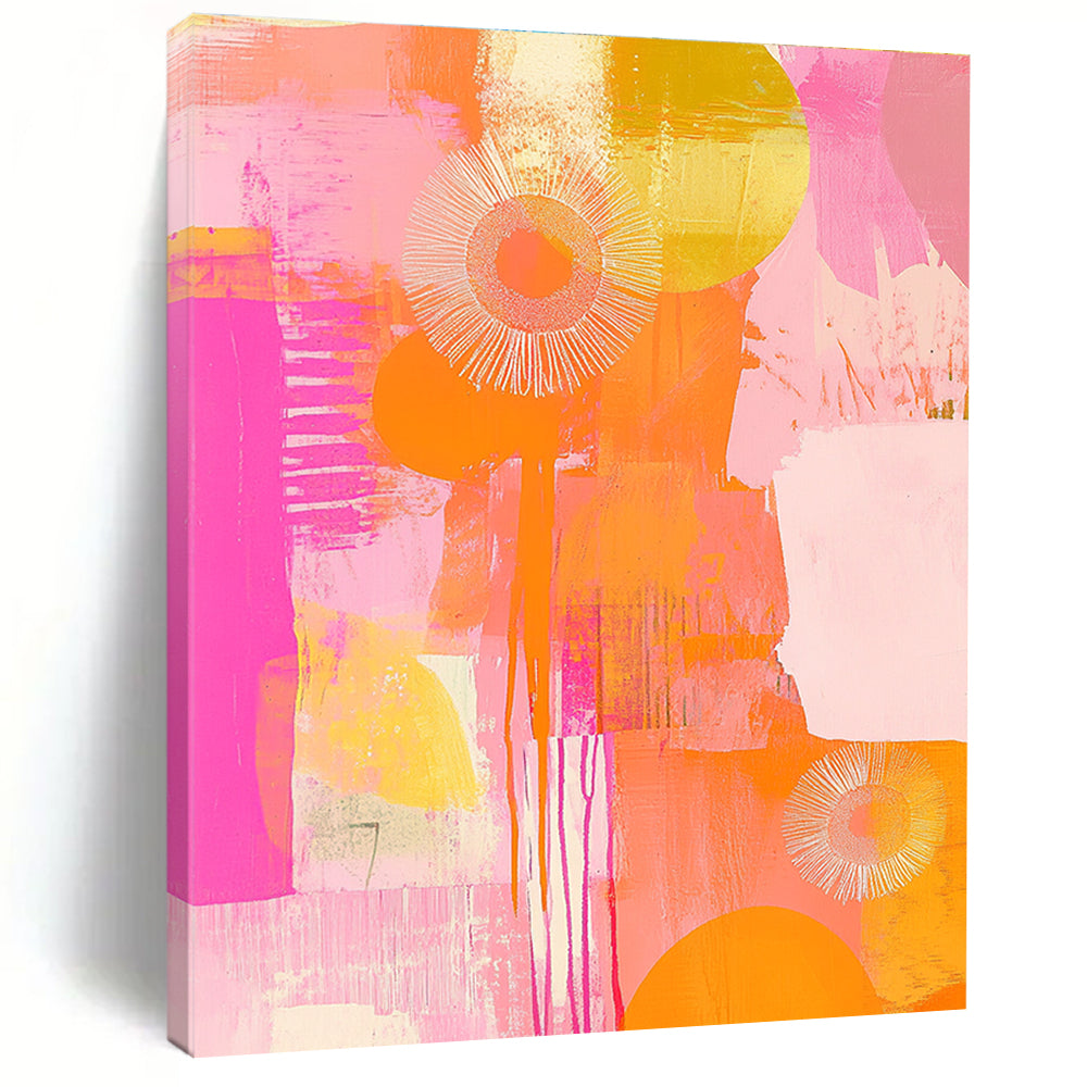 A large abstract painting featuring peach and pink tones with circles flowers and patterns radiating happy vibes in soft brush strokes.STSC1408