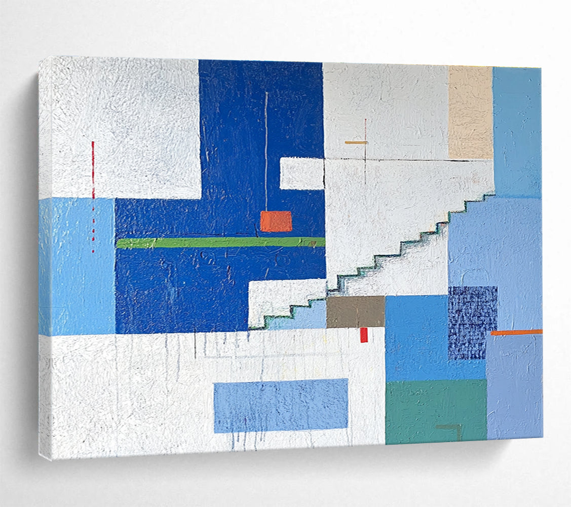 A large abstract painting of an urban landscape in blue and white tones, featuring geometric buildings with green accents, stairs, windows, and doors.SC488