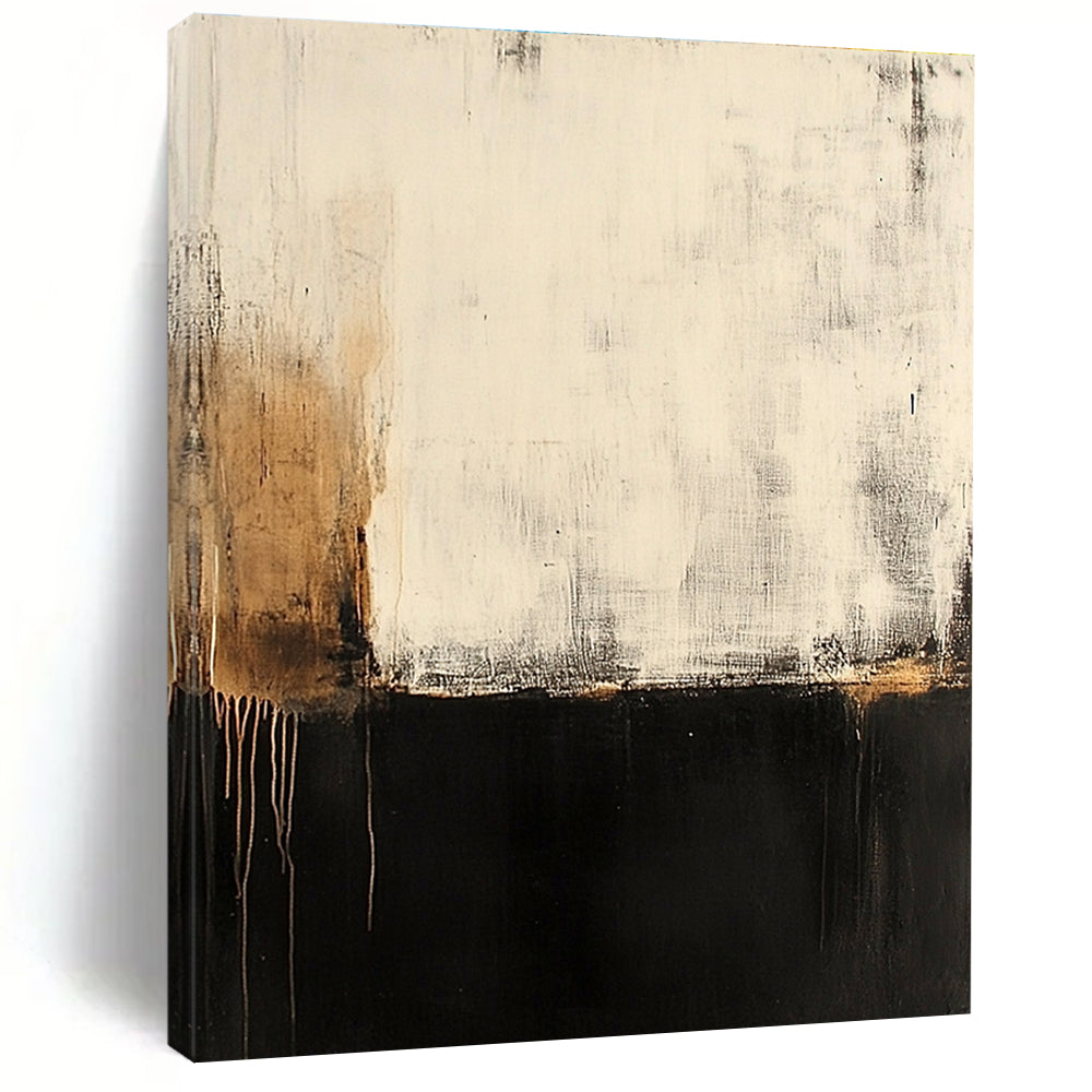 Large abstract painting of a serene old wall with peeling paint and rusted accents in soft muted tones of black gray and gold.STSC606
