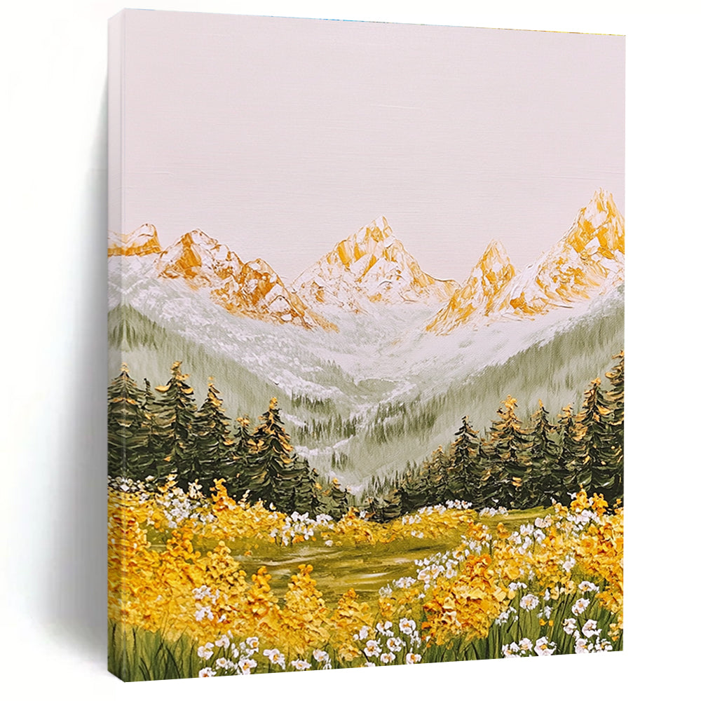 A large abstract painting of dreamy Alps with golden peaks green mountains flowers trees and bright sun in a light watercolor style.STSC1441