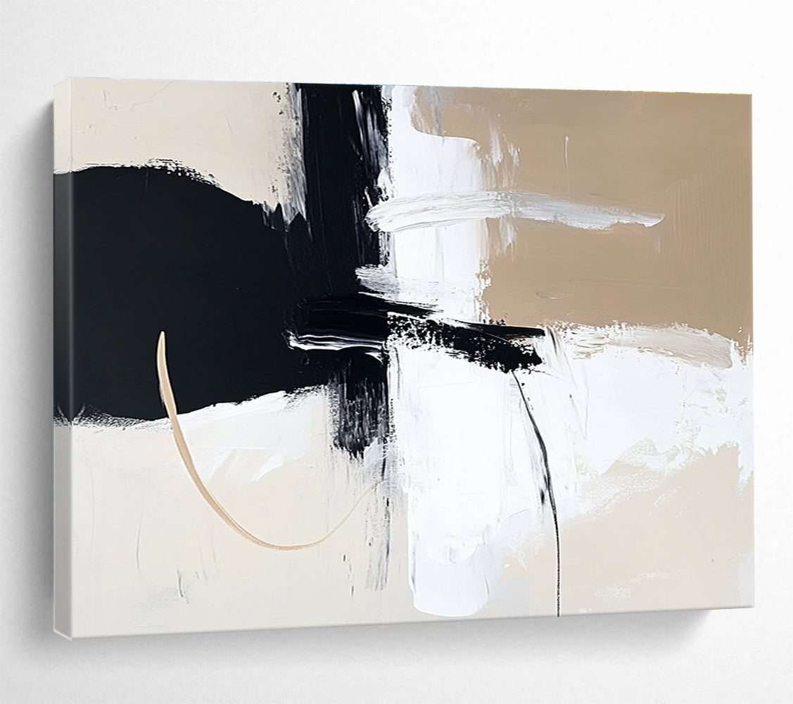 Large abstract painting in black white and beige featuring thick brush strokes and bold shapes for modern decor.SC499