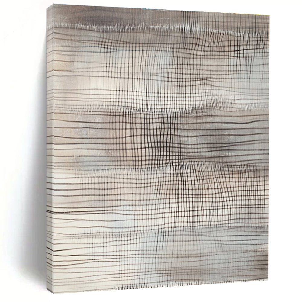 Large abstract painting with gray and white lines featuring textured patterns and horizontal stripes resembling undulating hills or mountains with dark contrasting shadows.STSC1439