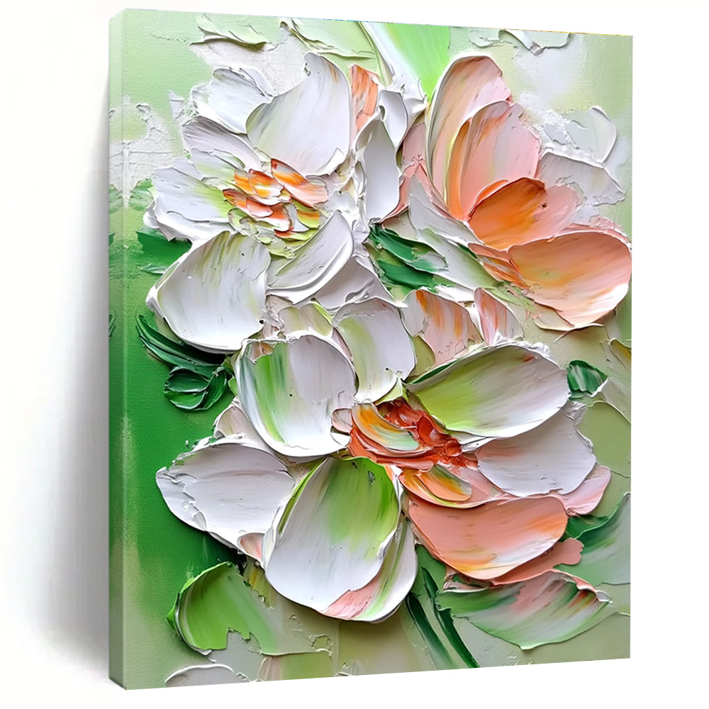 Large abstract painting with thick brushstrokes featuring super-detailed flowers in white pink and green colors for a vibrant artistic expression.STSC1401