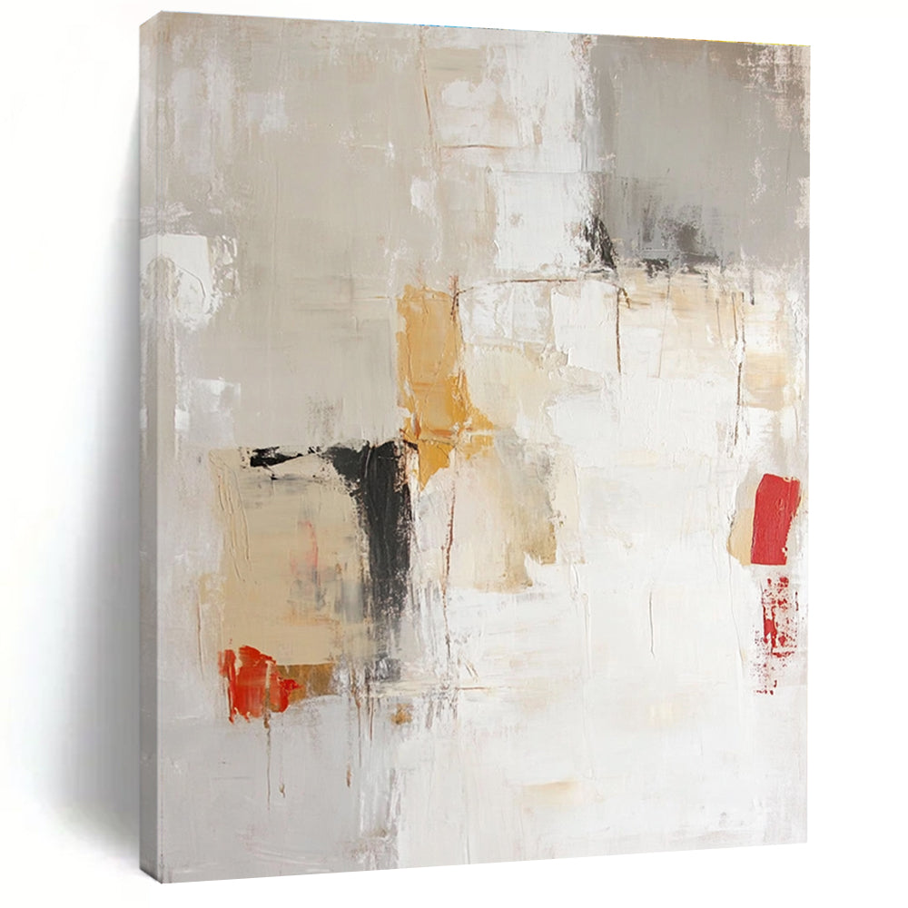 Large abstract painting in soft neutral tones of beige and white with expressive brushstrokes and hints of red and yellow.STSC801