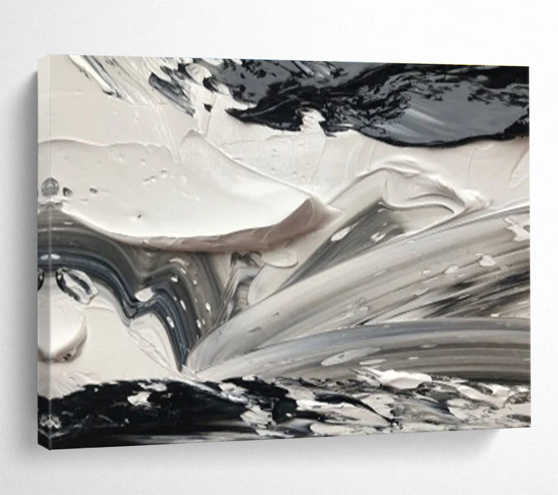 Monochrome Texture Abstract Painting with Black and White Swirls THY314