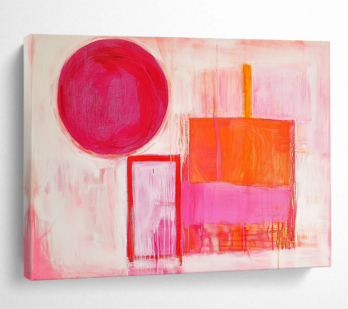 The large abstract painting features thick brush strokes with warm pink and orange hues, showcasing a circle, square, and rectangular shape.SC540
