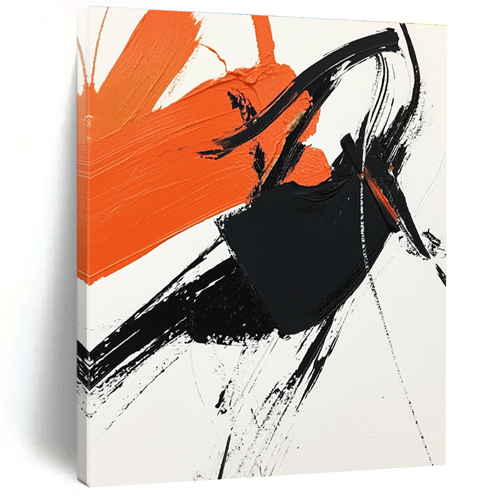 Abstract painting featuring black and orange on white paper with a cheering figure celebrating victory in a simplistic yet vibrant composition.STSC1274