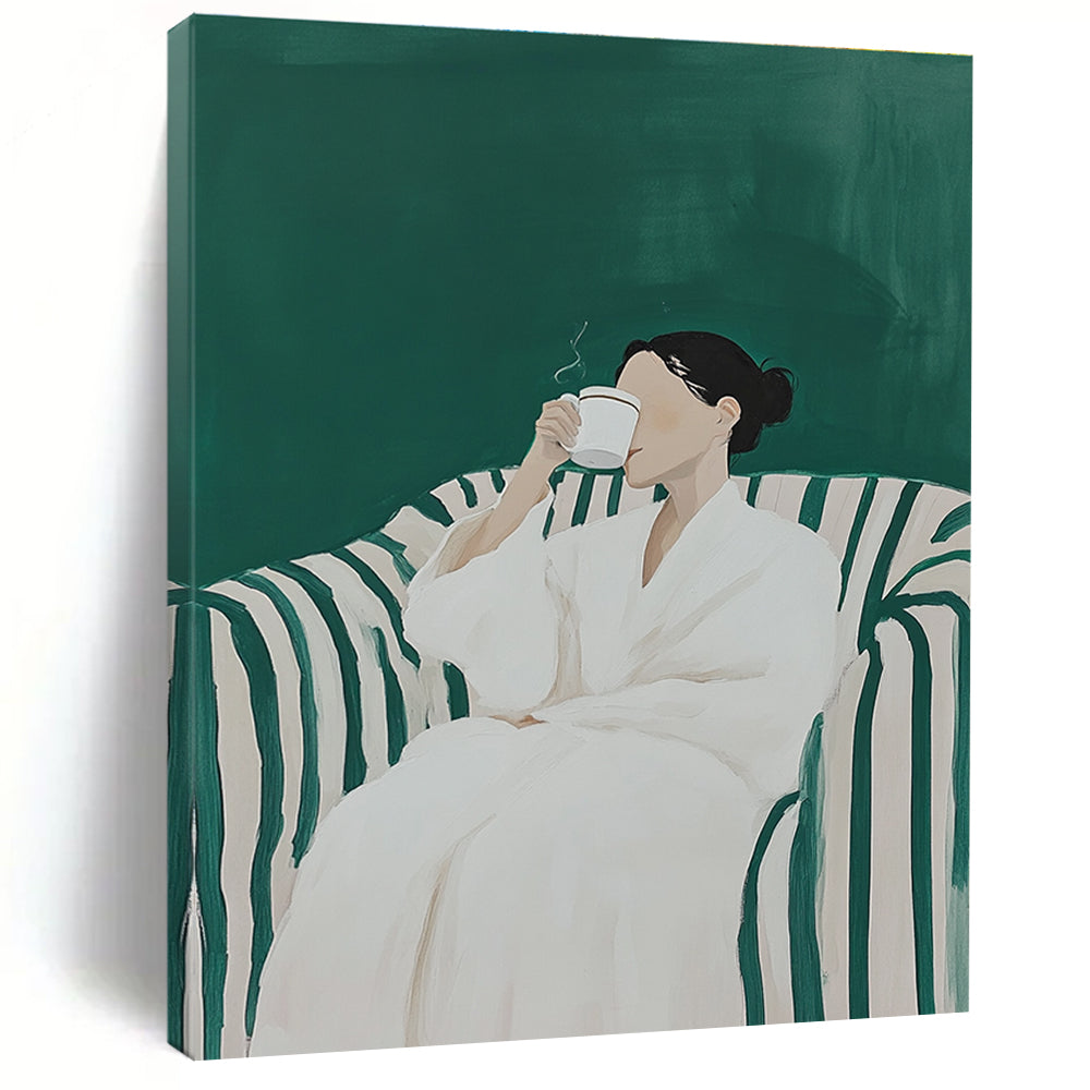 A large abstract painting featuring a woman in a white robe sipping coffee on a striped sofa with a vibrant green background.STSC1122