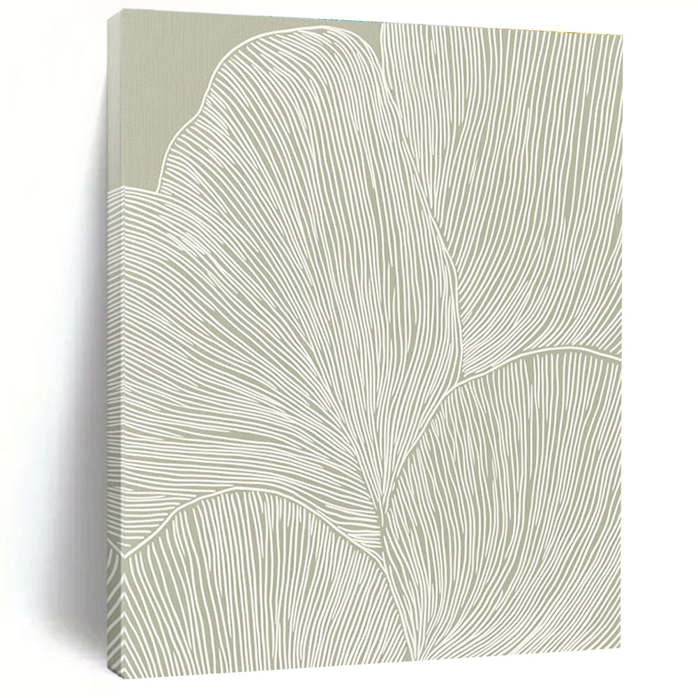 Large abstract art features elegant white line petals on soft gray beige paper creating a tranquil minimalist pattern with seamless curves.STSC1483