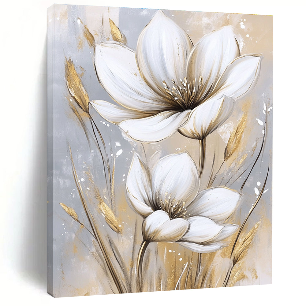 Large abstract painting featuring white flowers on a beige and gray background with soft watercolor textures in white and gold tones.STSC1476