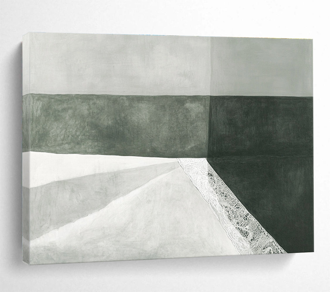A large abstract drawing features a white fabric bag with lace on green paper against a subtle gray background, showcasing minimalist elegance and soft lighting.SC462