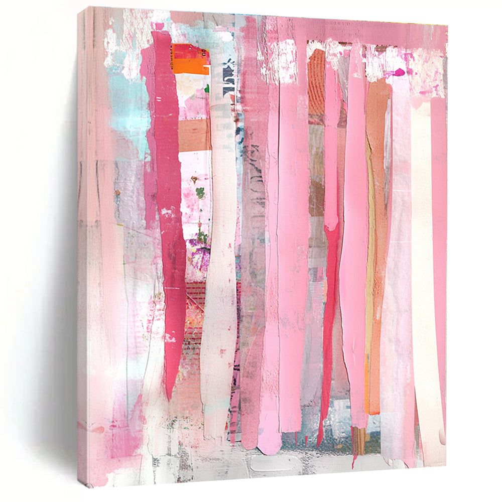 Bold abstract painting featuring peach-colored pink curtains with mixed media collage of torn paper and painted elements for a unique artistic expression.STSC1407