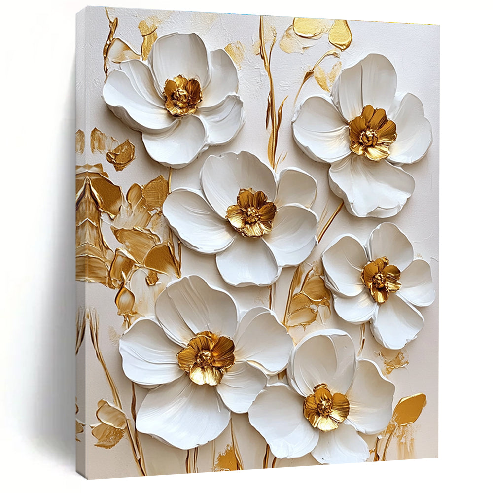 Large abstract painting featuring white flowers with golden accents on a white background in a square format.STSC1481