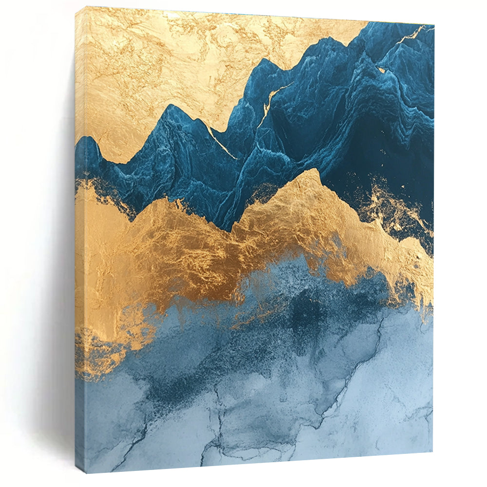 Abstract painting with marble texture rounded edges in gold foil and dark blue glass outlines featuring mountains and simple decorative lines.STSC1312