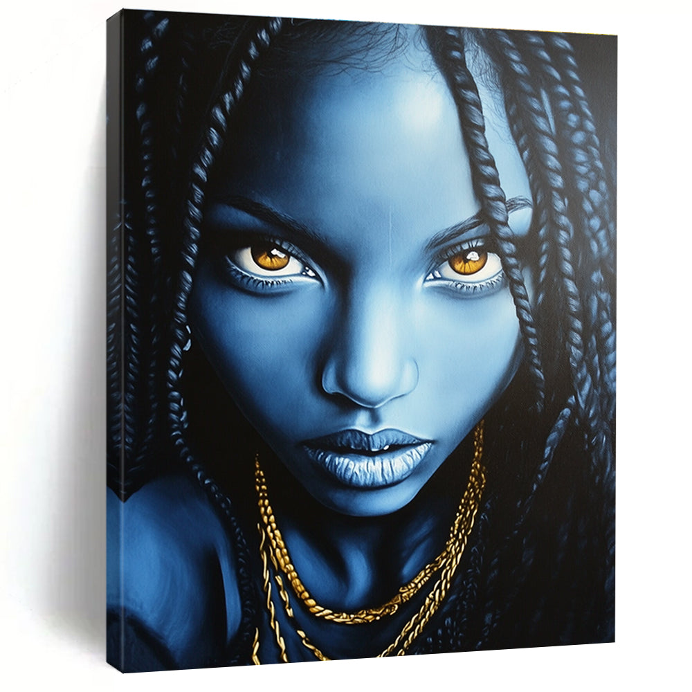 Abstract painting featuring an African American woman with long black braids and glowing blue face against a dark gray background adorned with gold necklaces.STSC1273