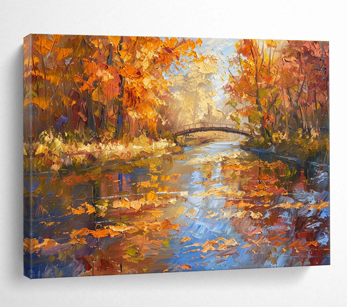 Autumn Forest River Abstract Painting with Orange, Yellow, and Blue Tones THY196