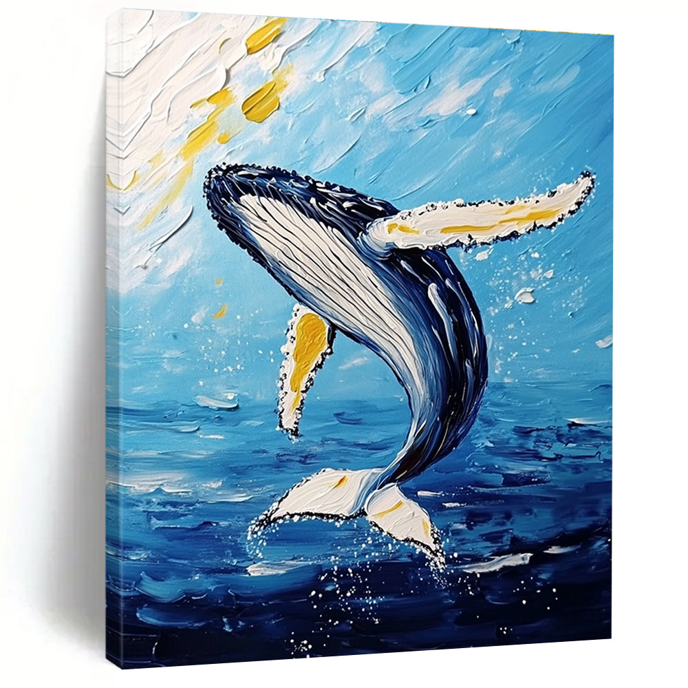 Large abstract painting featuring a majestic humpback whale mid-air with vibrant white and yellow brushstrokes against a light sky-blue and dark gold background.STSC1231