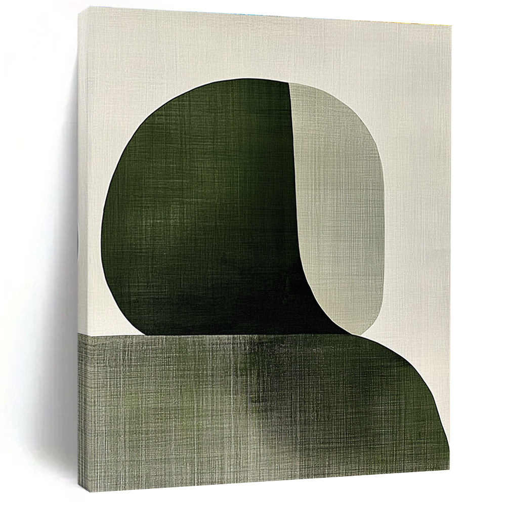 Abstract painting featuring overlapping shapes in sage green and white with visible brush strokes embodying the female form in a minimalist Japandi style.STSC1339