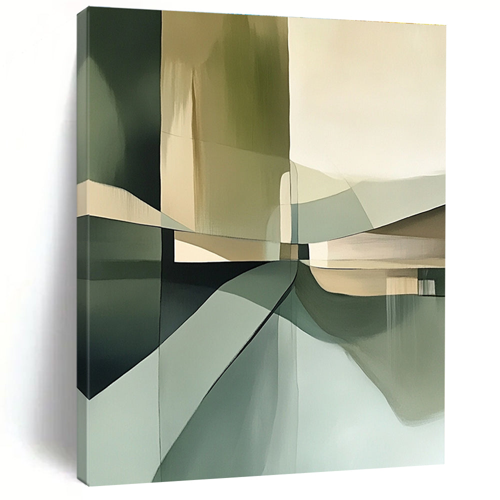 Large abstract painting in neutral green tones featuring brush strokes soft focus muted colors geometric shapes and a detailed textured composition.STSC114