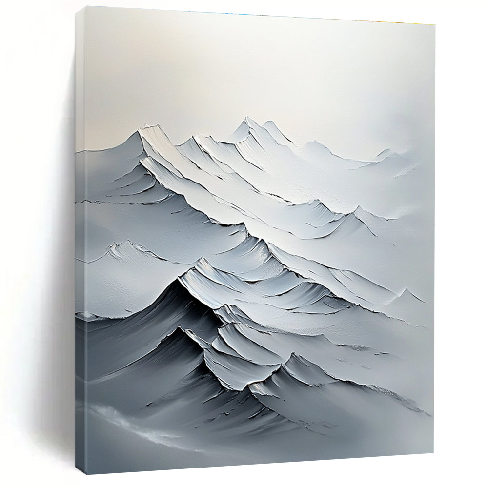 Large abstract painting featuring textured white mountains with bold brush strokes and delicate details in a minimalist composition.STSC1493