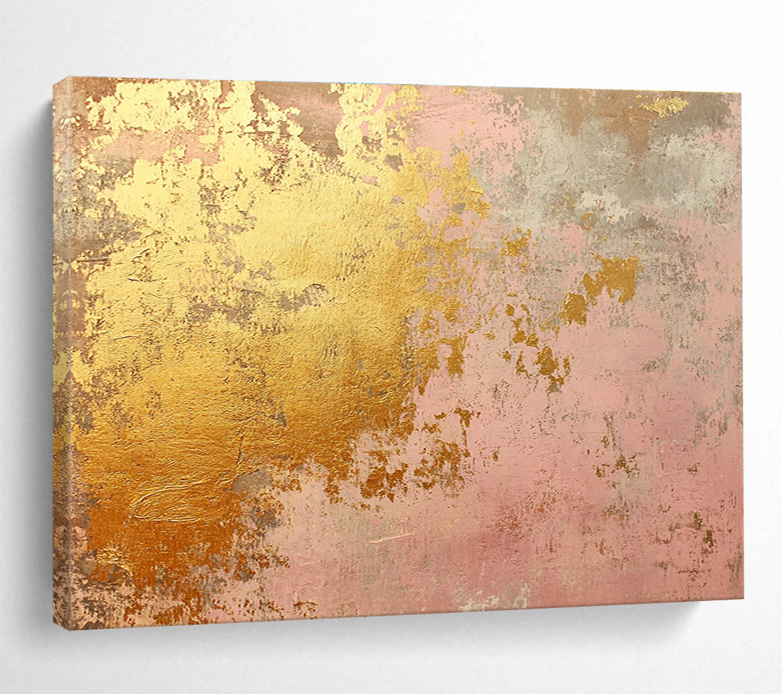 A large abstract canvas in soft pink and gold tones evokes rustic charm with weathered texture and hints of rust, ideal for home decor.SC480