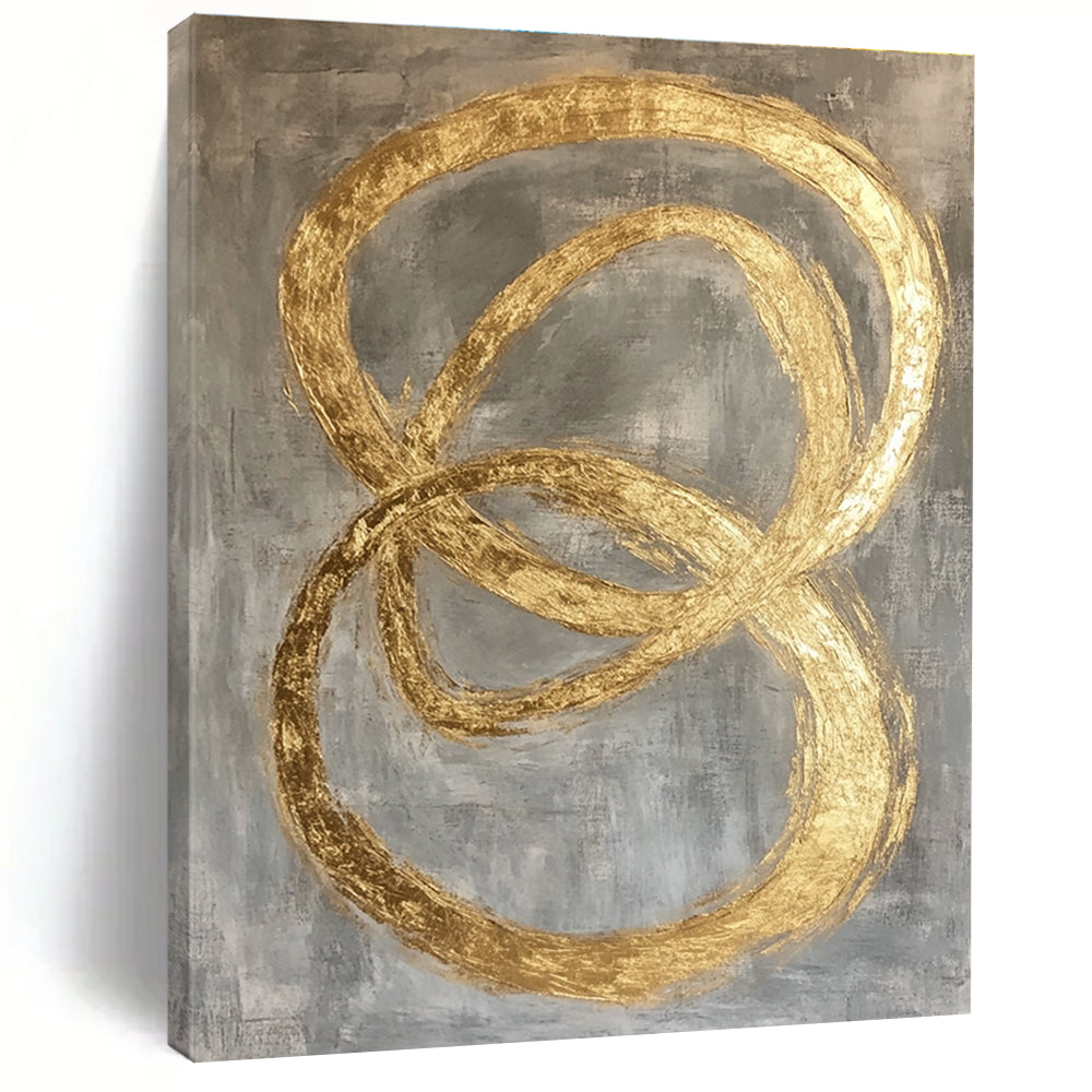 Large abstract painting featuring intertwined O-shapes in gold leaf on a modern grey background.STSC1295