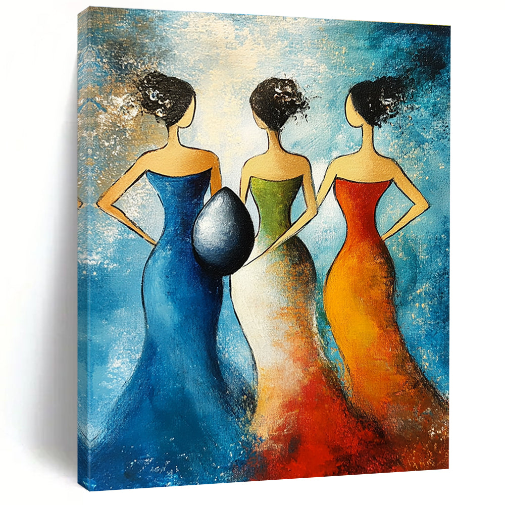 Abstract painting featuring three women in evening dresses holding a giant egg against a blue background with simple lines and minimal colors.STSC1444