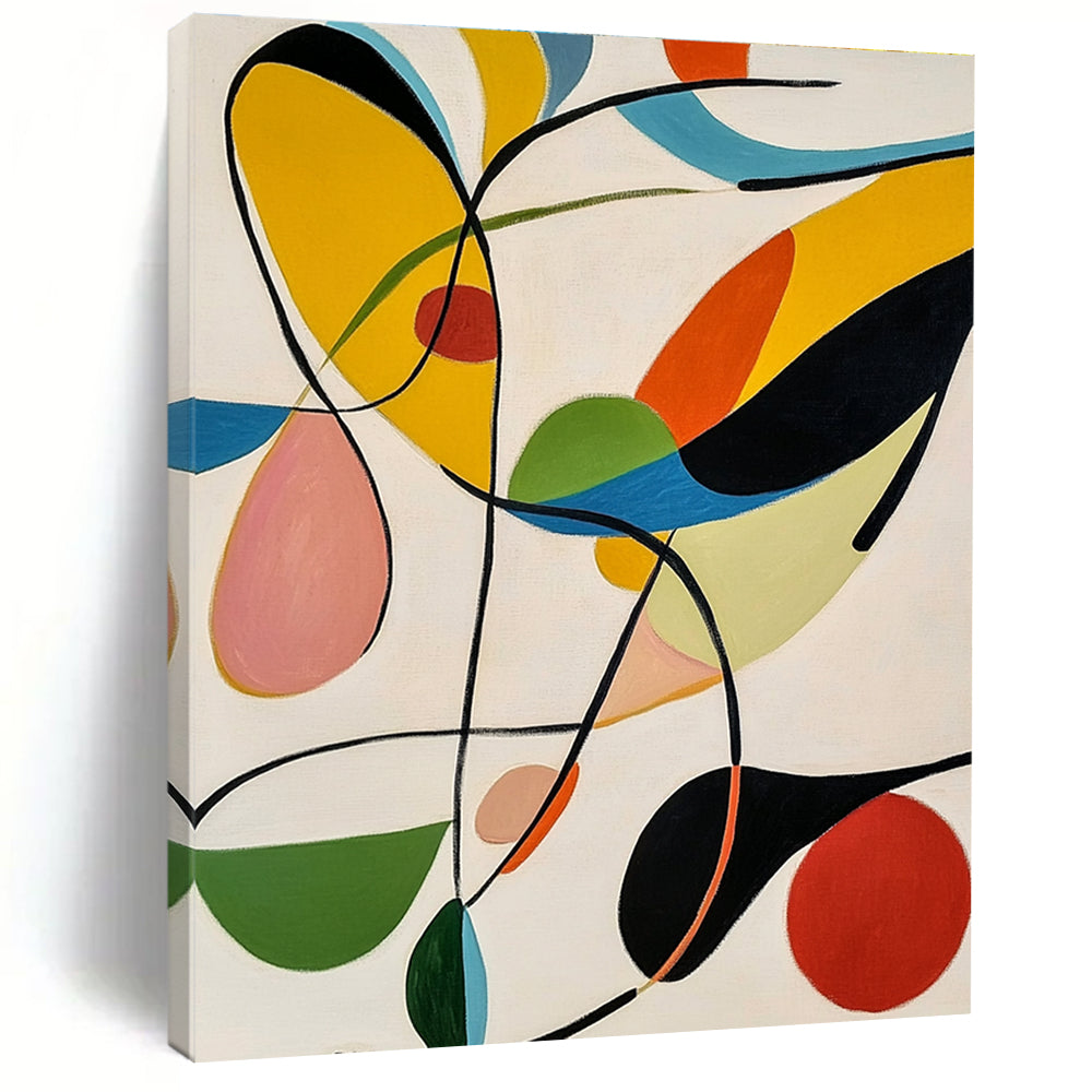 Large abstract painting featuring colorful organic shapes and bold black lines against a white background inspired by Matisse's style.STSC1315