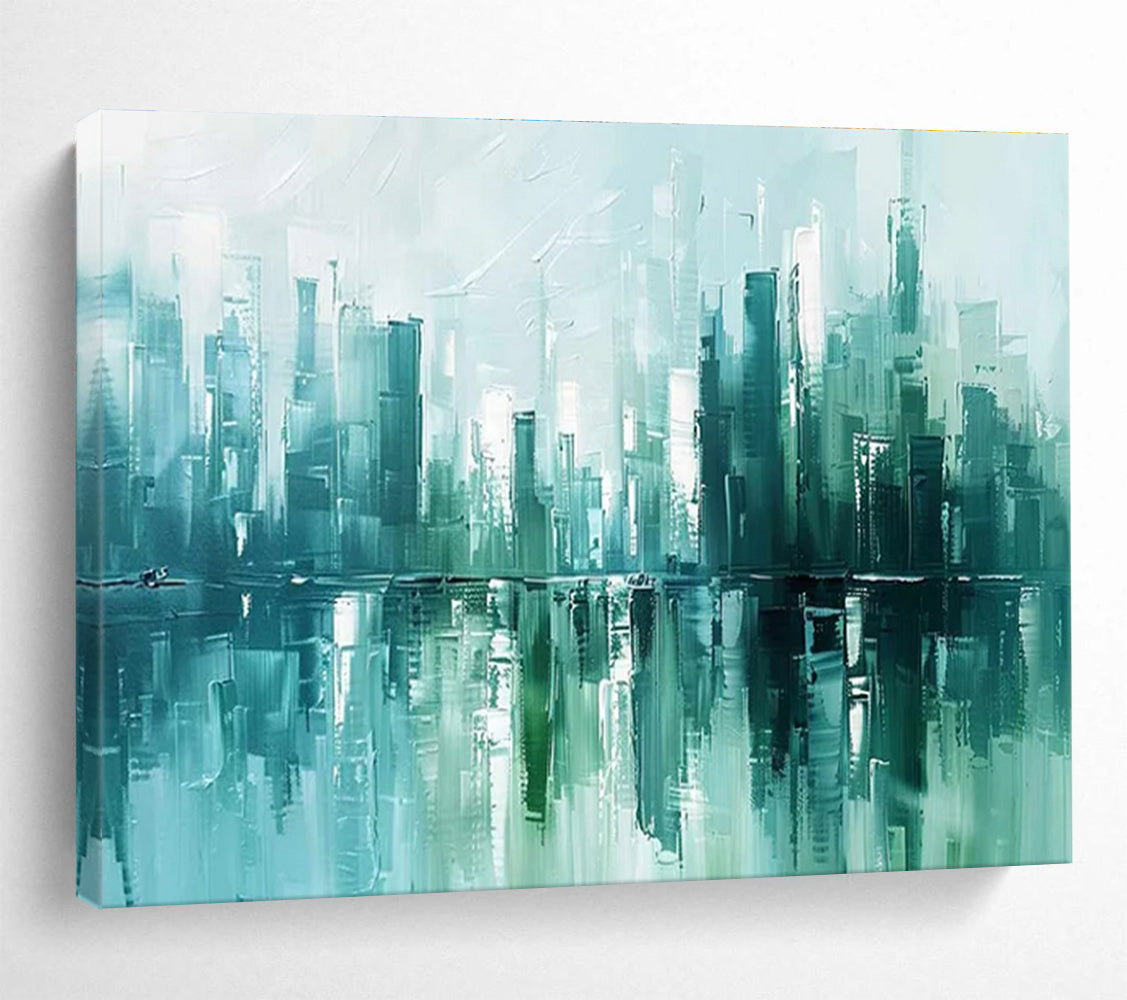 Cityscape Reflection Abstract Painting with Teal and Turquoise Hues THY275