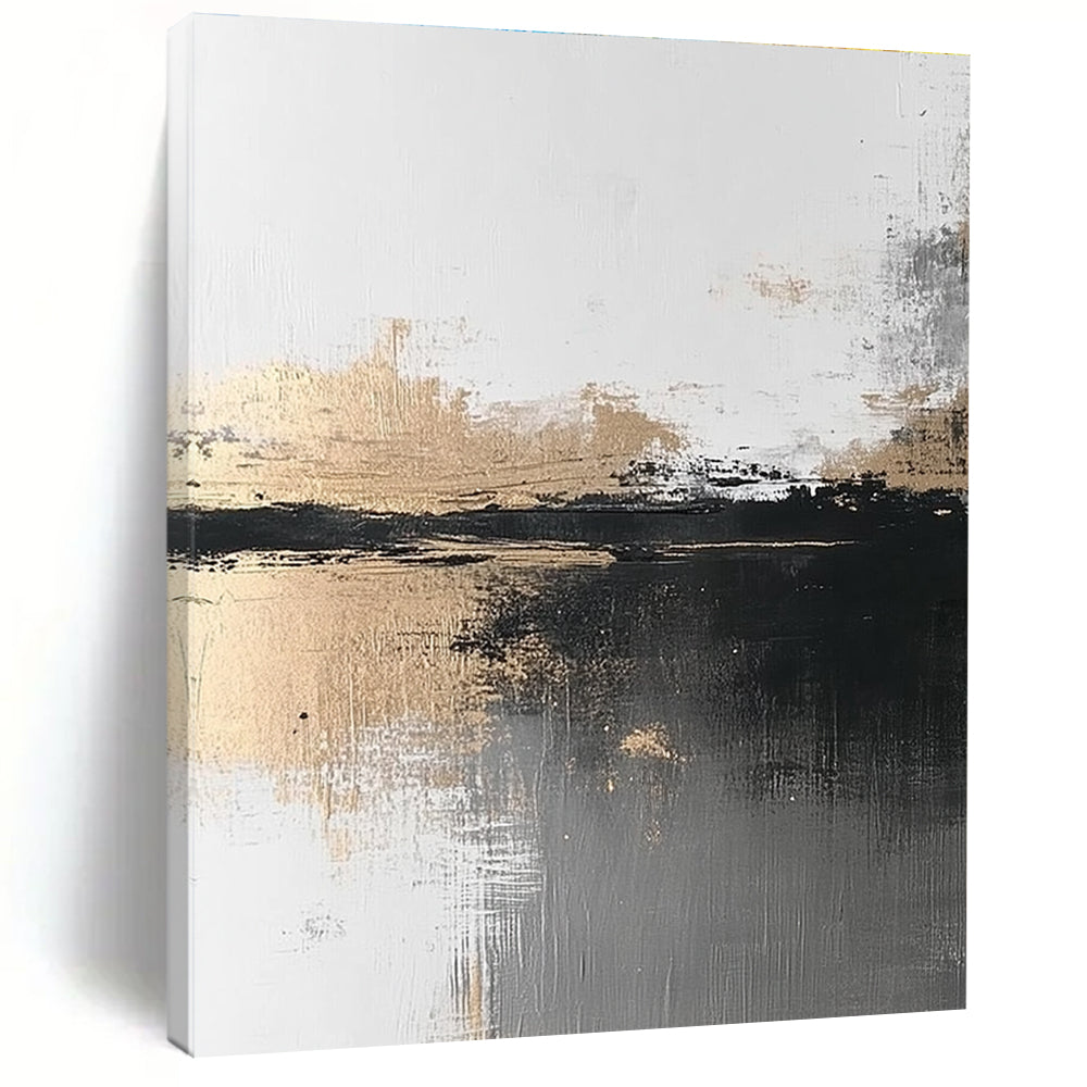 Abstract painting featuring atmospheric grey and gold tones with a minimalist landscape evoking calmness and serenity through brush strokes and textured water reflection.STSC387
