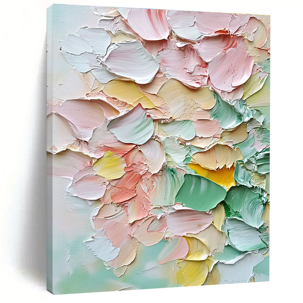 Abstract painting featuring a bouquet of pastel flowers in soft pink and green hues with vibrant accents for a warm romantic atmosphere.STSC1398