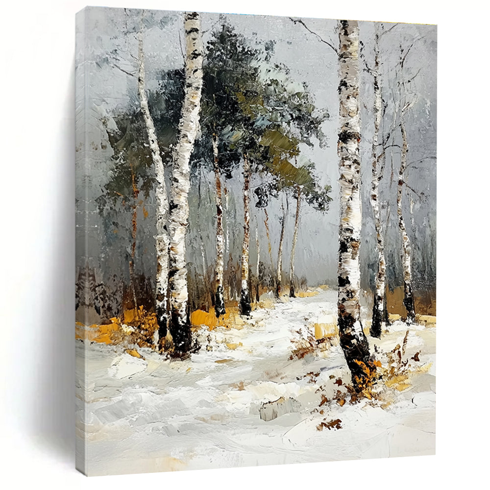 Abstract oil painting of a birch forest in winter featuring thick impasto strokes with snow-dusted birches and pines under a grey sky.STSC1382