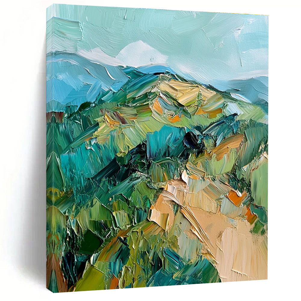 Large abstract oil painting featuring green and blue hills with thick impasto brush strokes for a vibrant artistic statement.STSC187