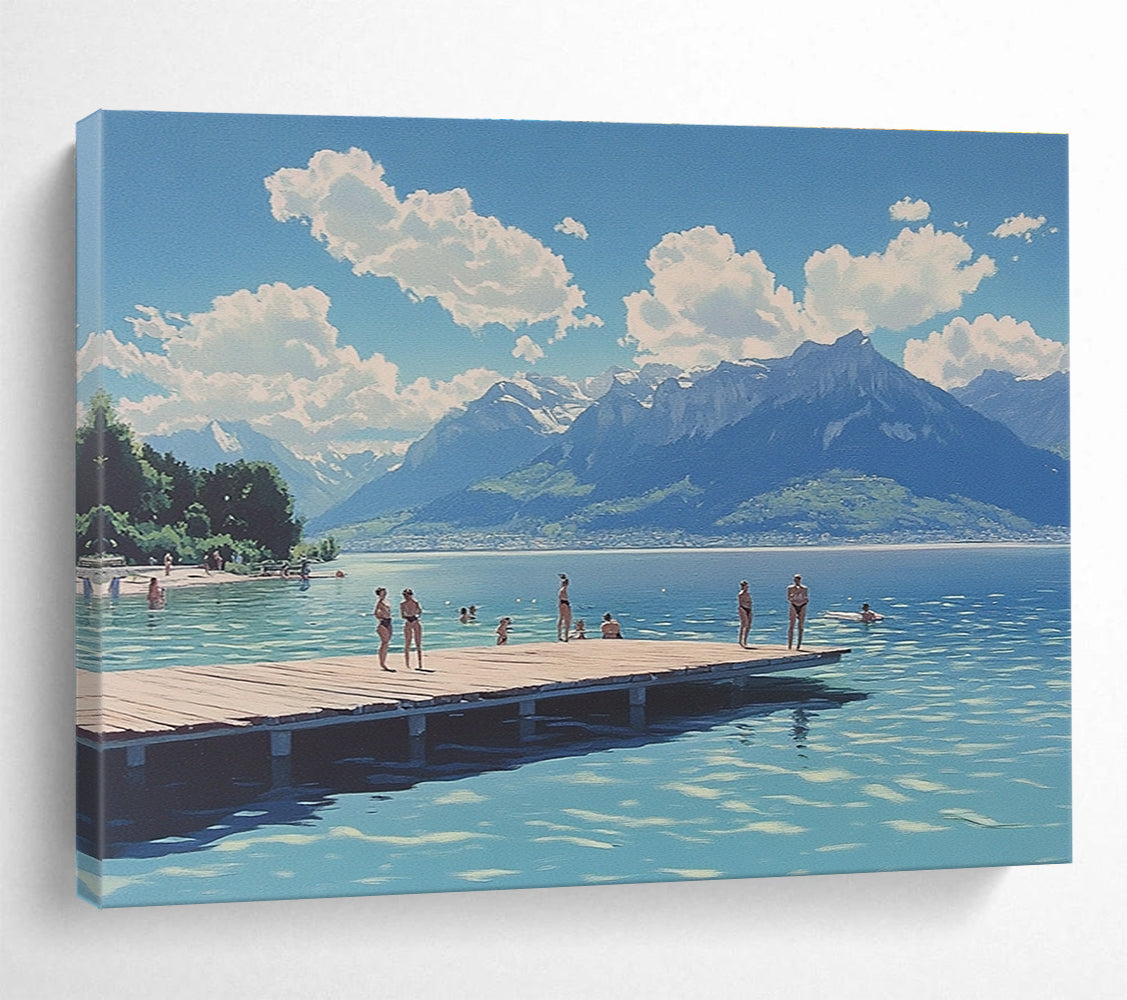 Large abstract painting depicting swimmers at Lake Neuchâtel with mountains clouds and a wooden platform under a blue sky.SC472