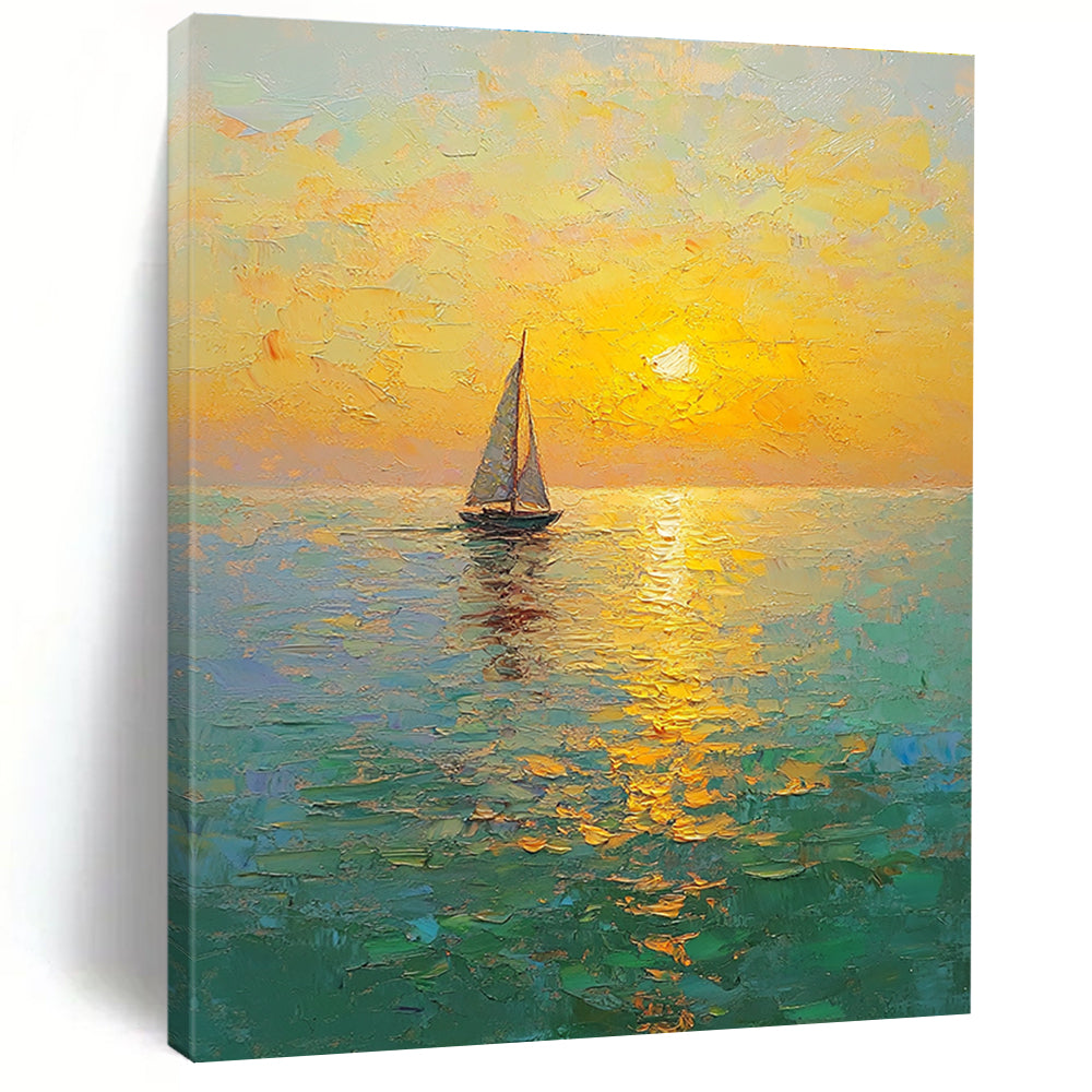 Large Abstract Painting of a golden sunset over the sea with sailboat textured brush strokes and a tranquil atmosphere of yellow-green and light blue.STSC1296