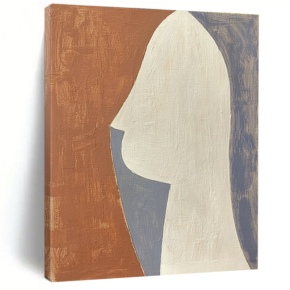 Large abstract painting featuring a profile design in terracotta white and grey composed of simple shapes.STSC1370