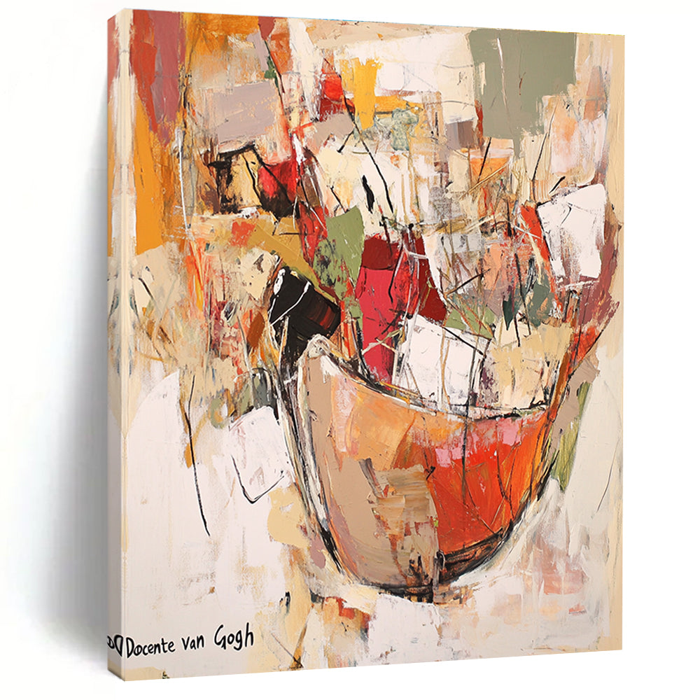 Large abstract painting featuring an earthenware jar overflowing with vibrant fabric and paper, set against a soft neutral background with floating elements.STSC639