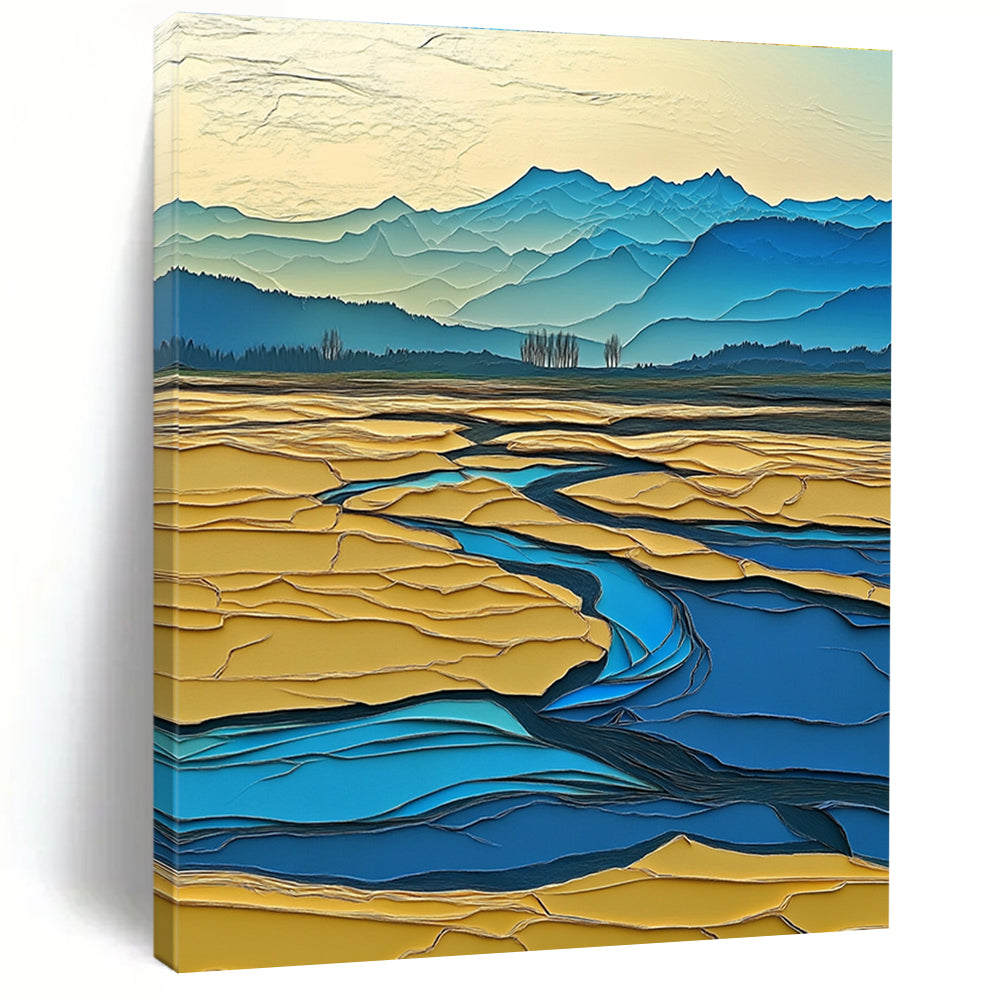 Large Abstract Painting Depicting A Surreal Winter Landscape With The Yellow River Distant Mountains And Vibrant Colors In A Layered Composition.STSC1438