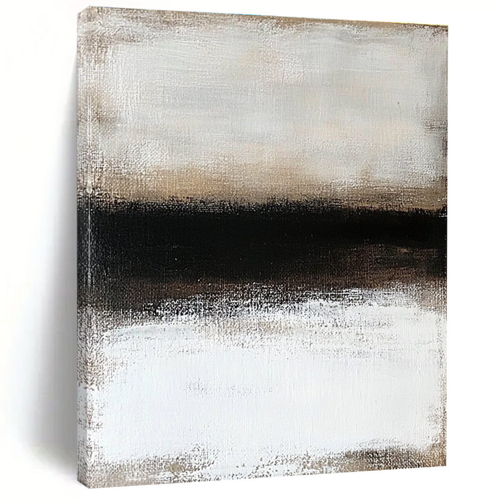 Large abstract painting featuring a textured surface of neutral colors depicting a snowy landscape enveloped in ethereal fog.STSC630